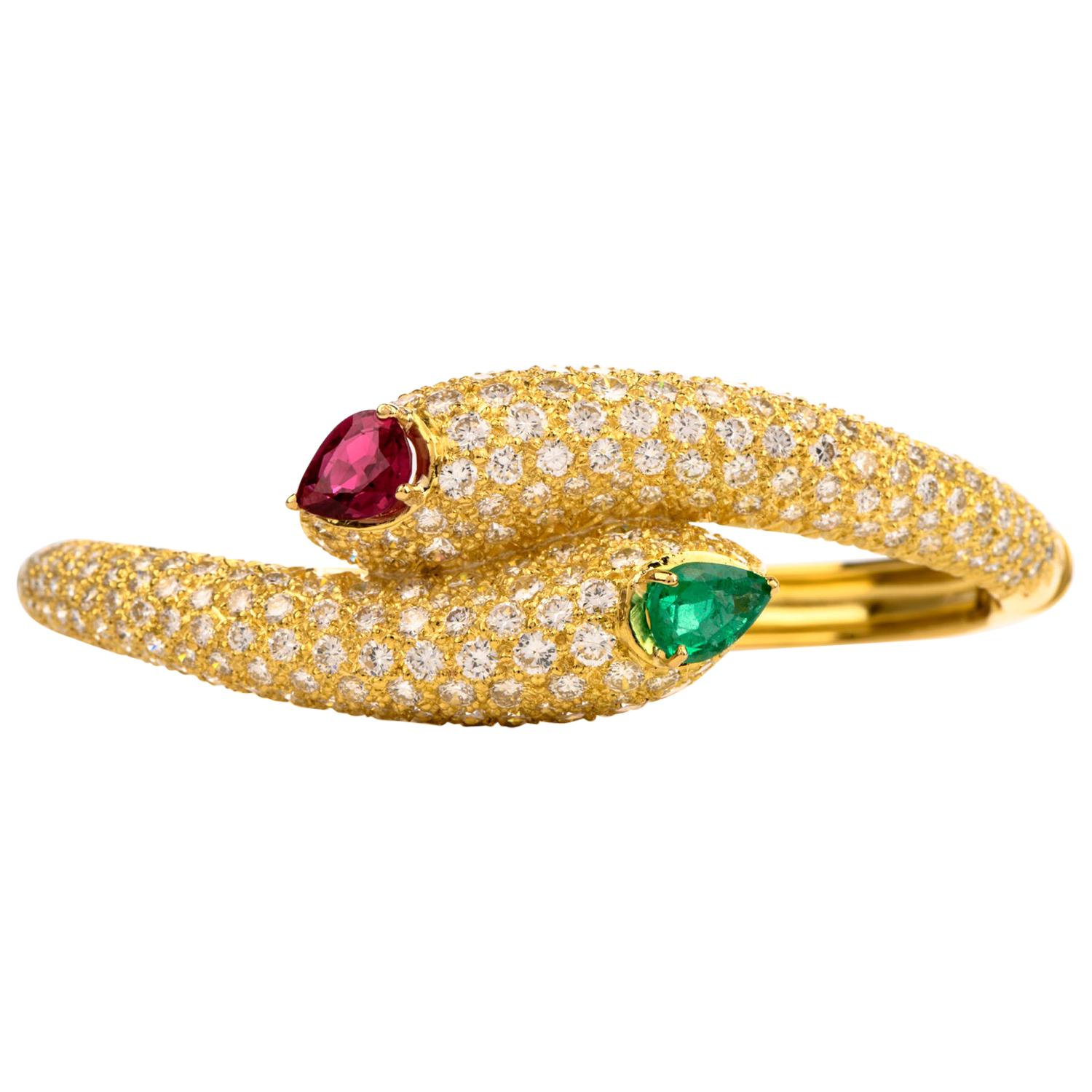 Estate Diamond Ruby Emerald Serpent Bypass Bangle Bracelet
