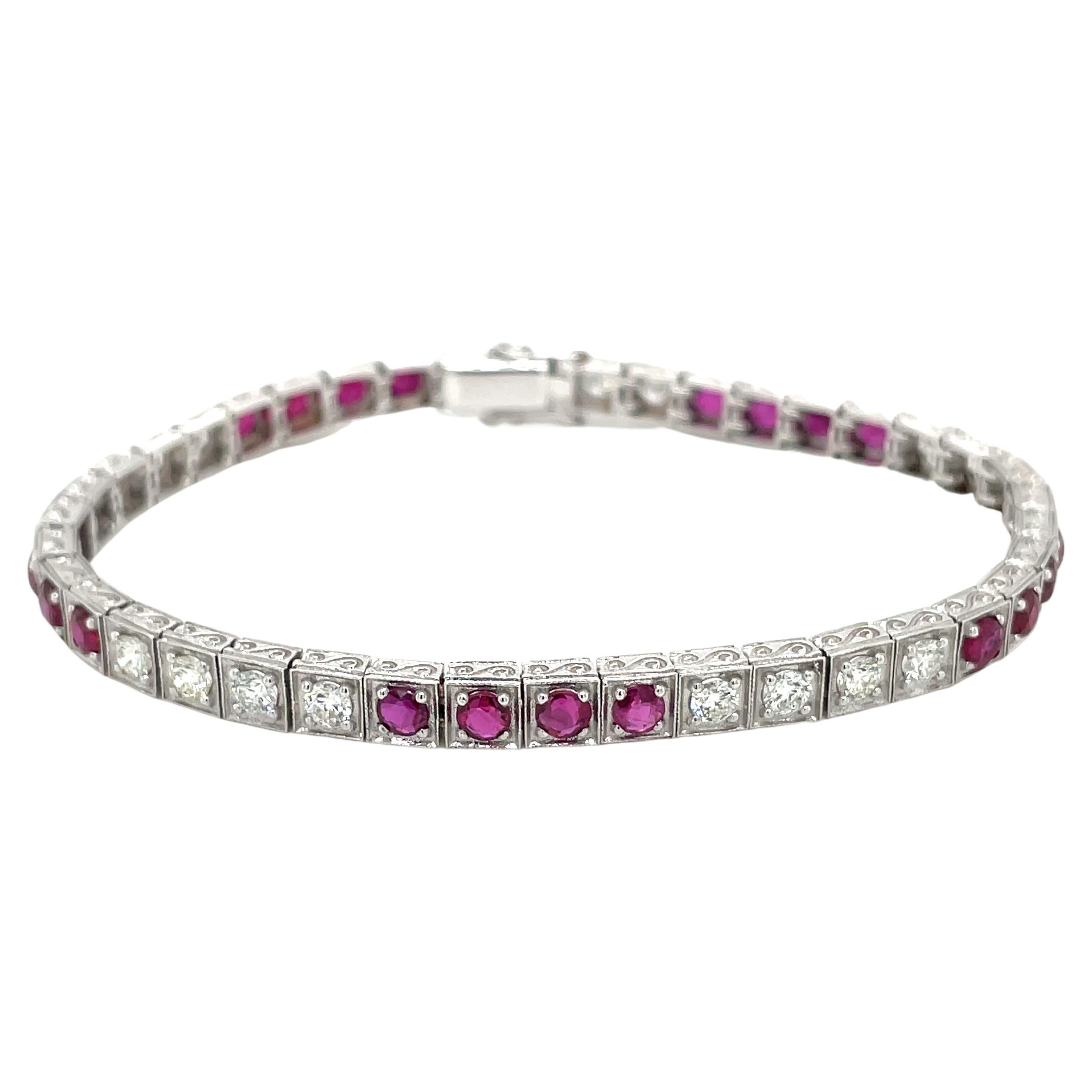 Estate Diamond Ruby Engraved Tennis Gold Bracelet