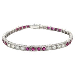 Used Estate Diamond Ruby Engraved Tennis Gold Bracelet