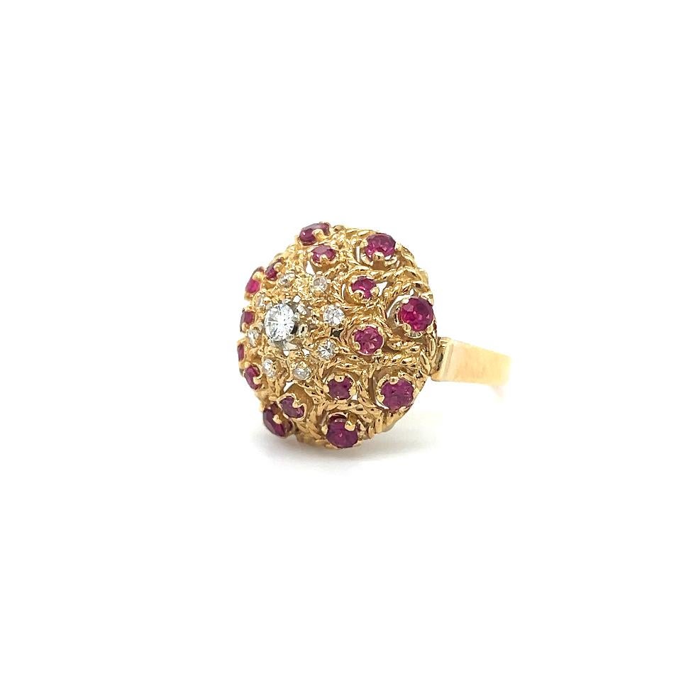 Retro Estate Diamond & Ruby Gemstone Bombe Ring 18k Yellow Gold For Sale