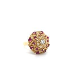 Vintage Estate Diamond & Ruby Gemstone Bombe Ring 18k Yellow Gold