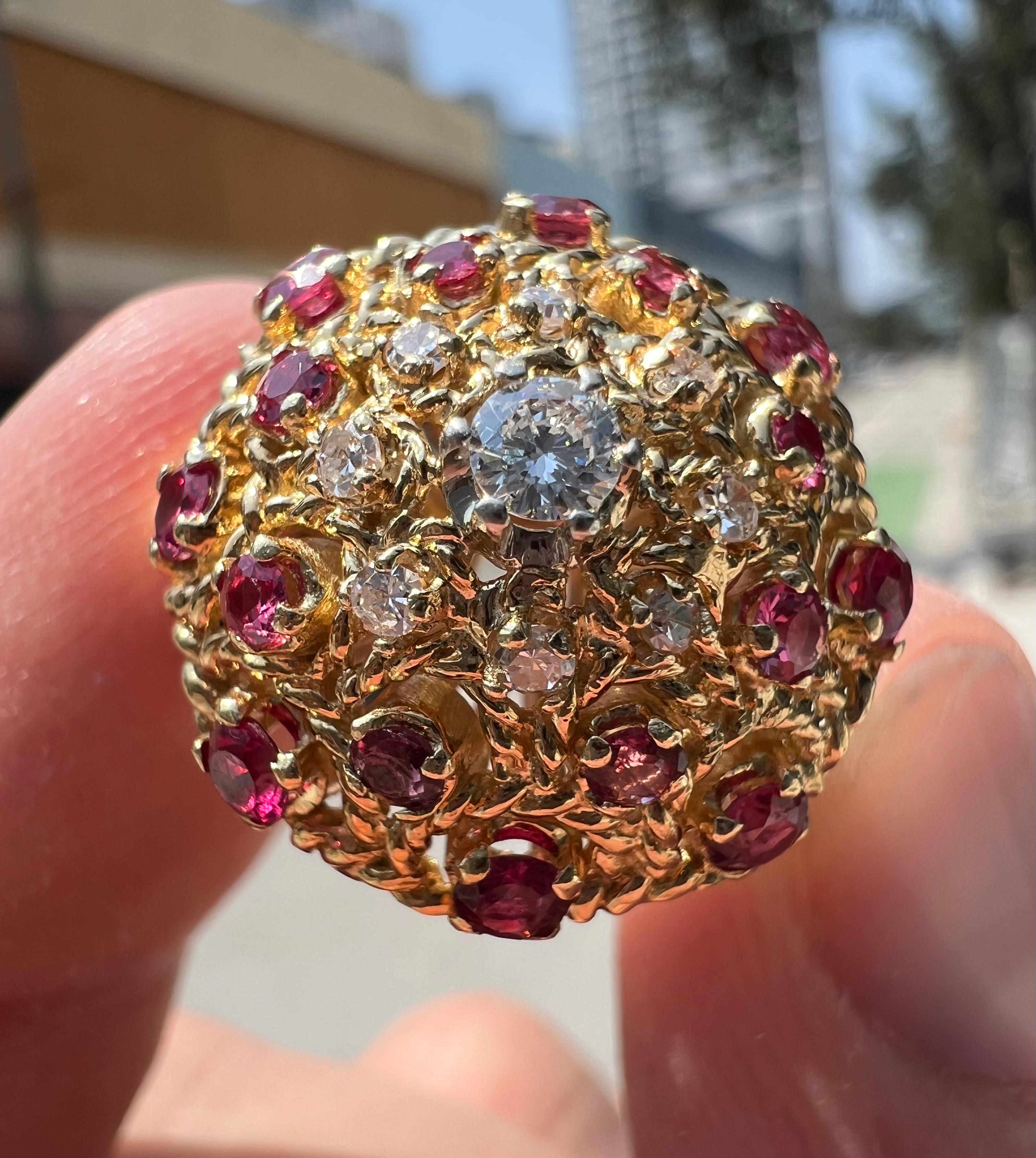 Round Cut Estate Diamond & Ruby Gemstone Bombe Ring 18k Yellow Gold For Sale