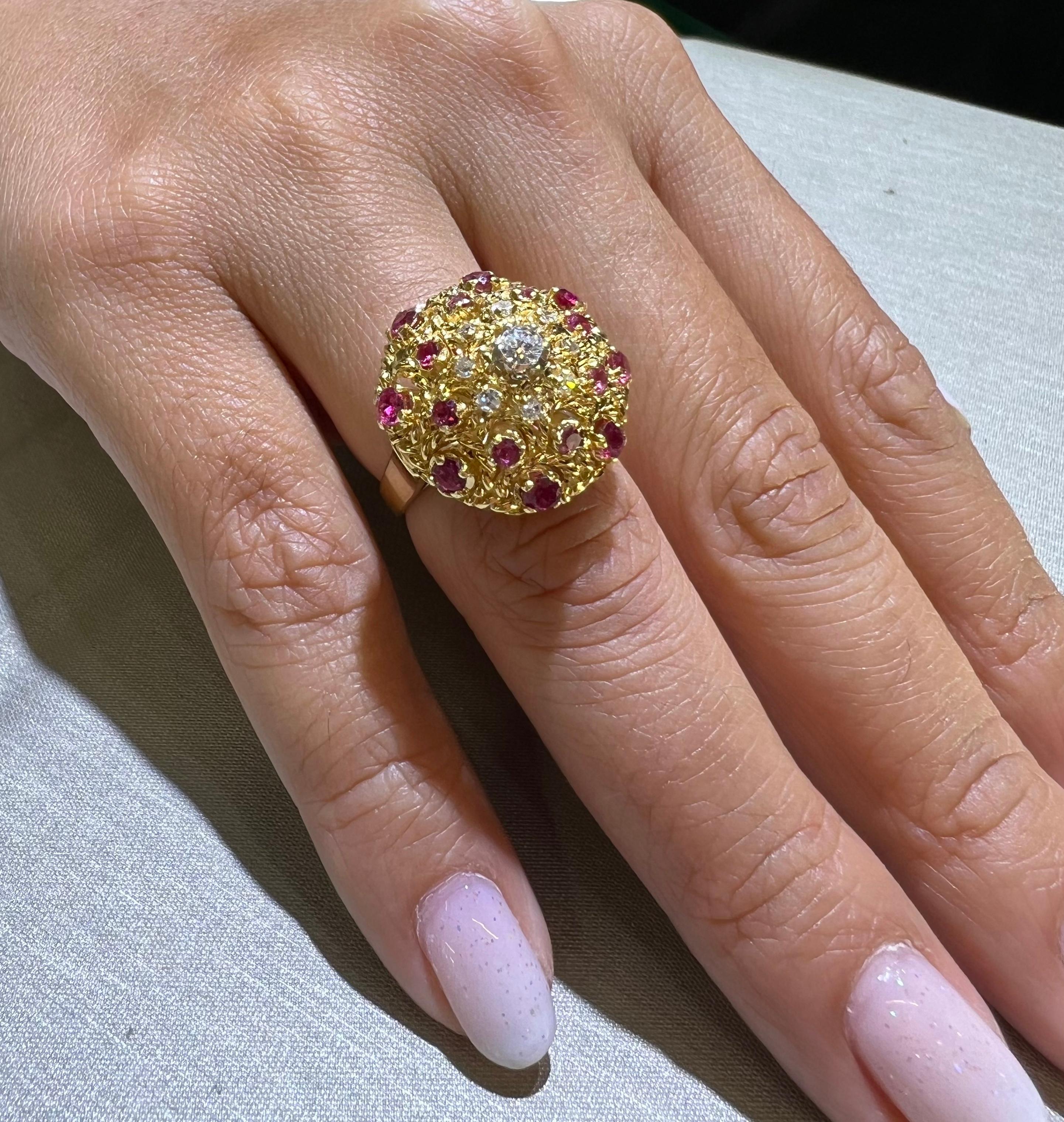 Estate Diamond & Ruby Gemstone Bombe Ring 18k Yellow Gold For Sale 2