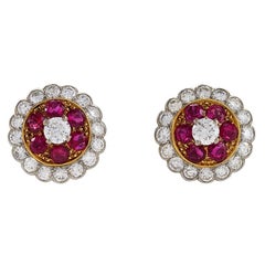Estate Diamond Ruby Gold and Platinum Cluster Earrings