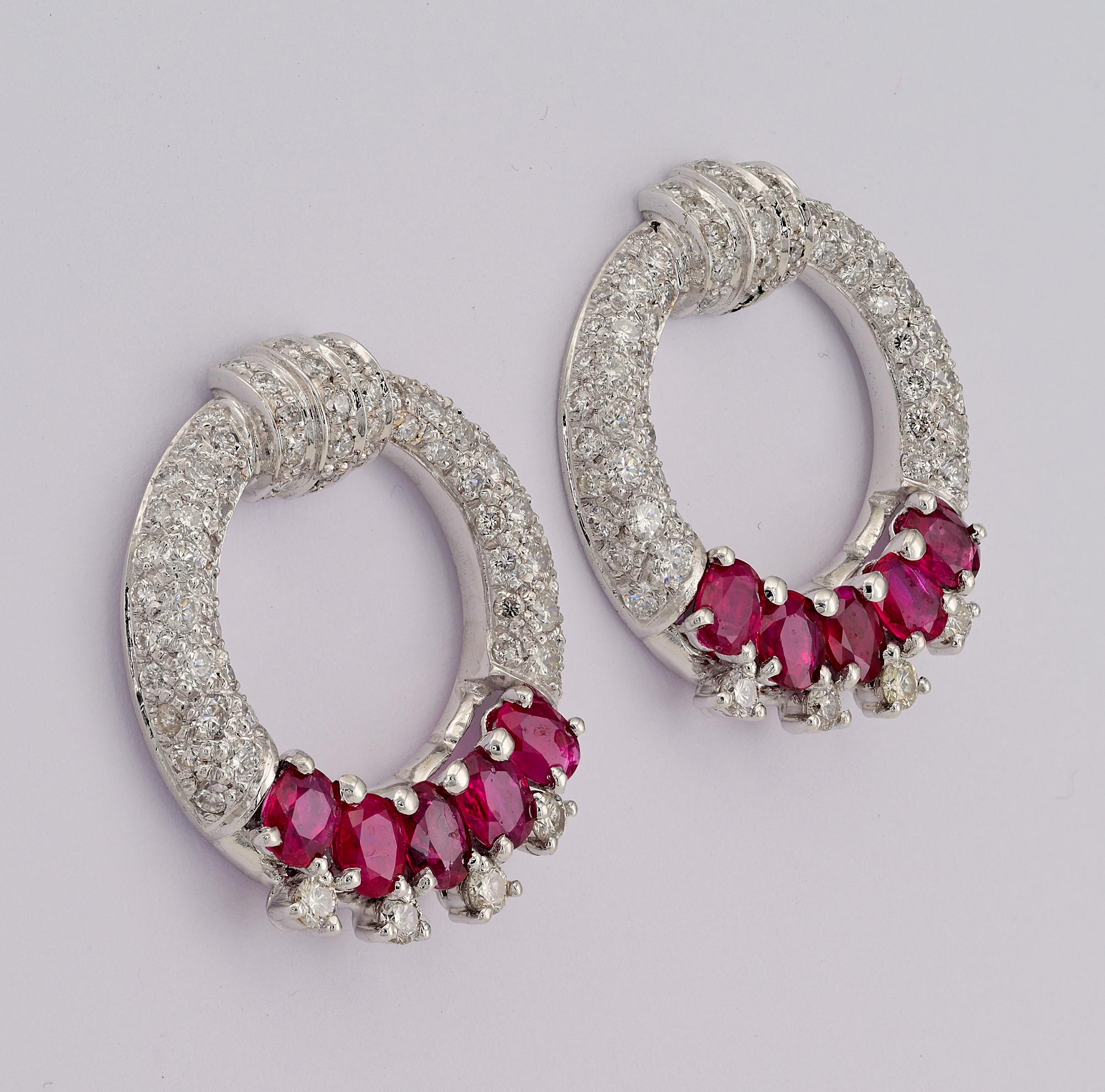Contemporary Estate Diamond Ruby Large 18 KT Hoop Earrings For Sale