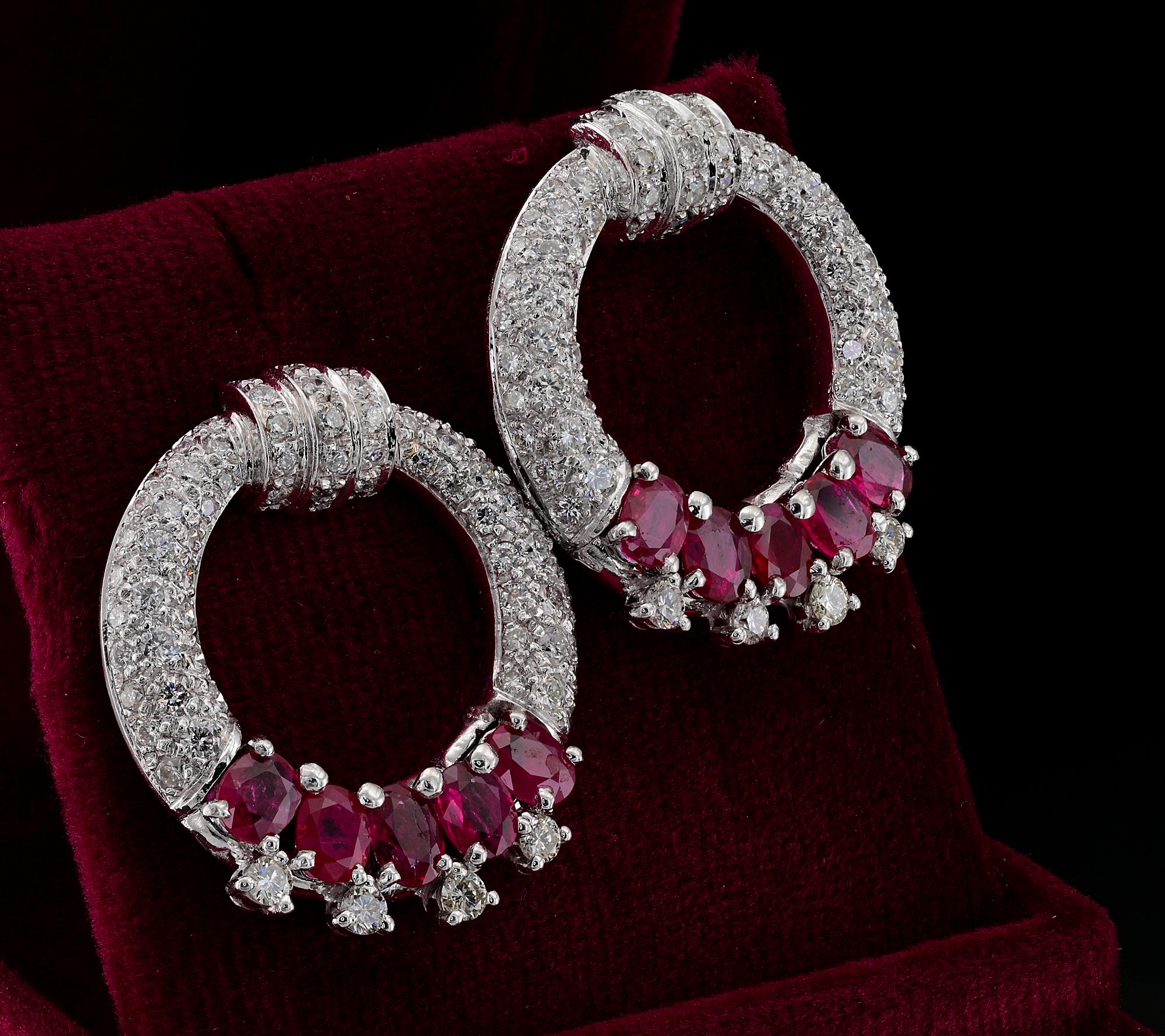 Oval Cut Estate Diamond Ruby Large 18 KT Hoop Earrings For Sale