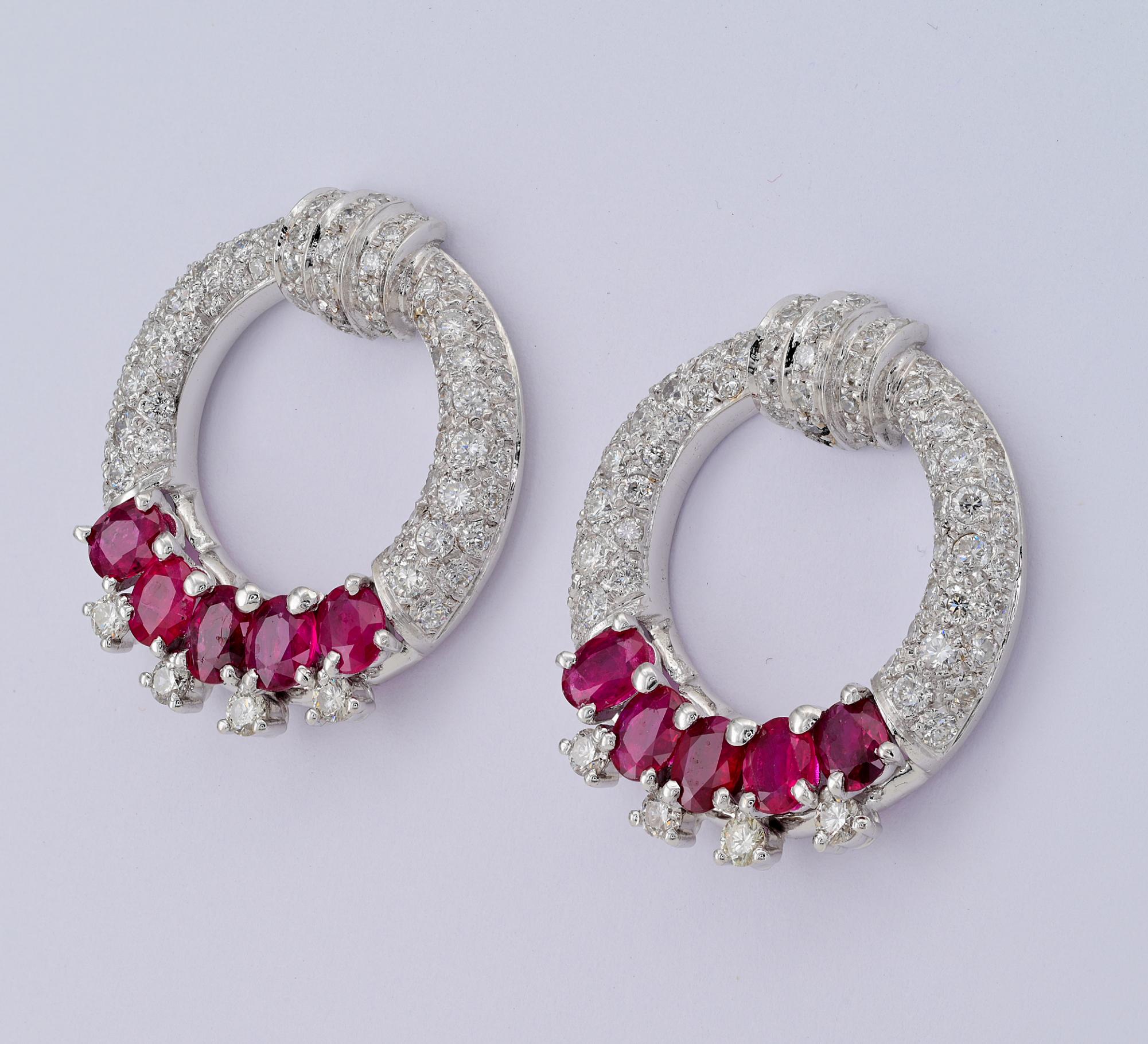 Estate Diamond Ruby Large 18 KT Hoop Earrings In Good Condition For Sale In Napoli, IT
