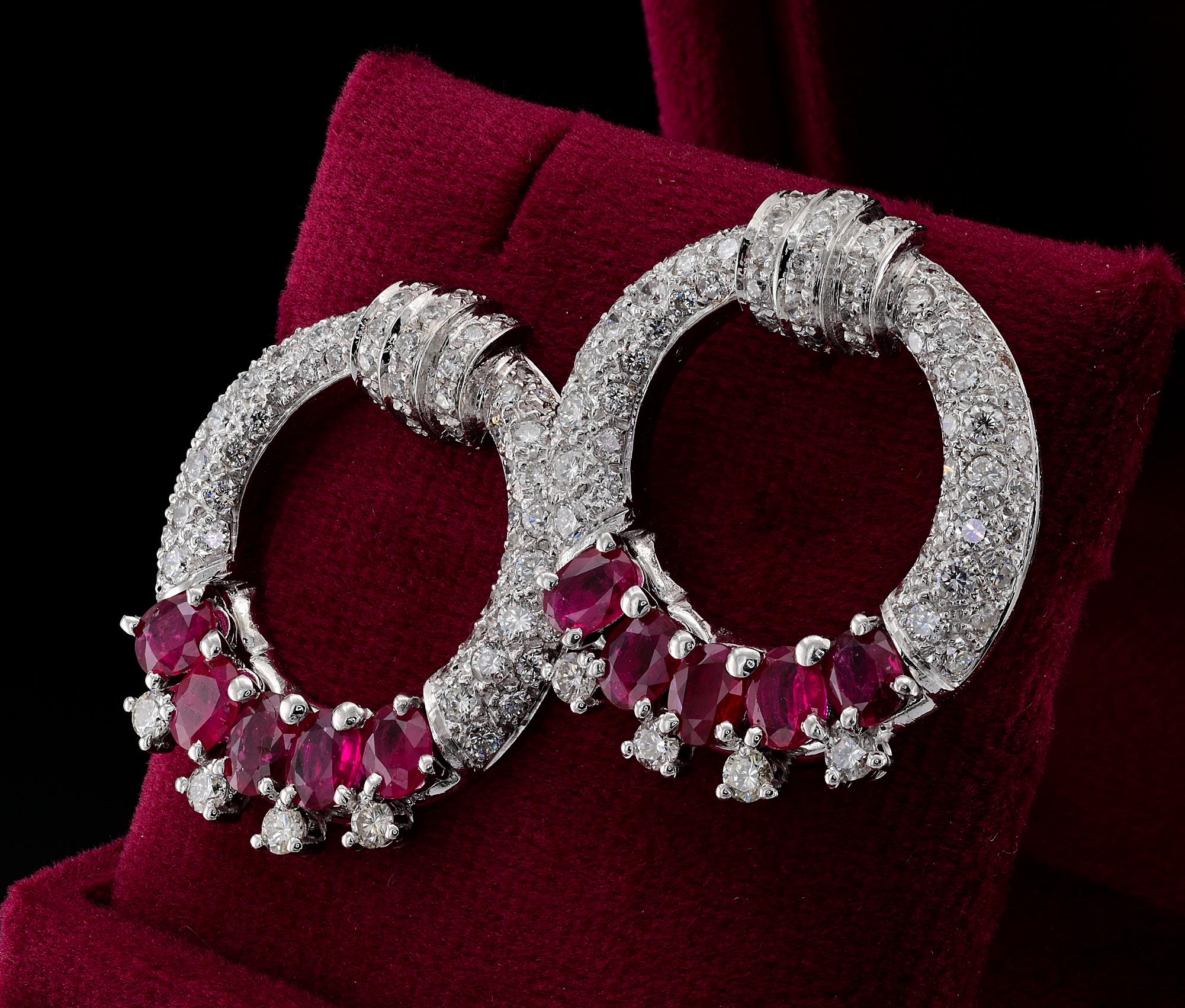 Women's Estate Diamond Ruby Large 18 KT Hoop Earrings For Sale