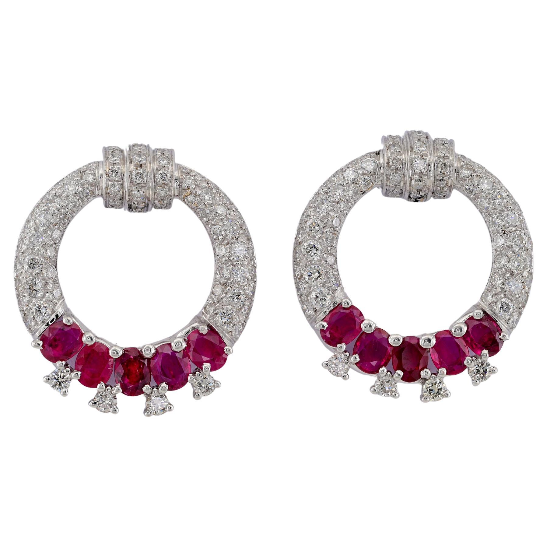 Estate Diamond Ruby Large 18 KT Hoop Earrings