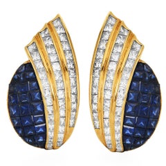 Estate Diamond Sapphire 18K Gold Mystery Set Clip-On Statement Earrings