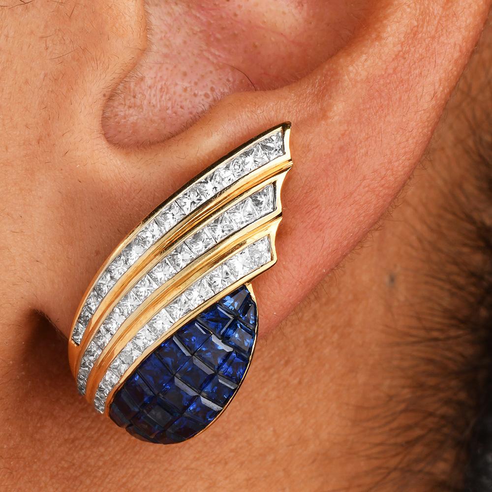 Retro Estate Diamond Sapphire 18K Gold Mystery Set Clip-On Statement Earrings For Sale