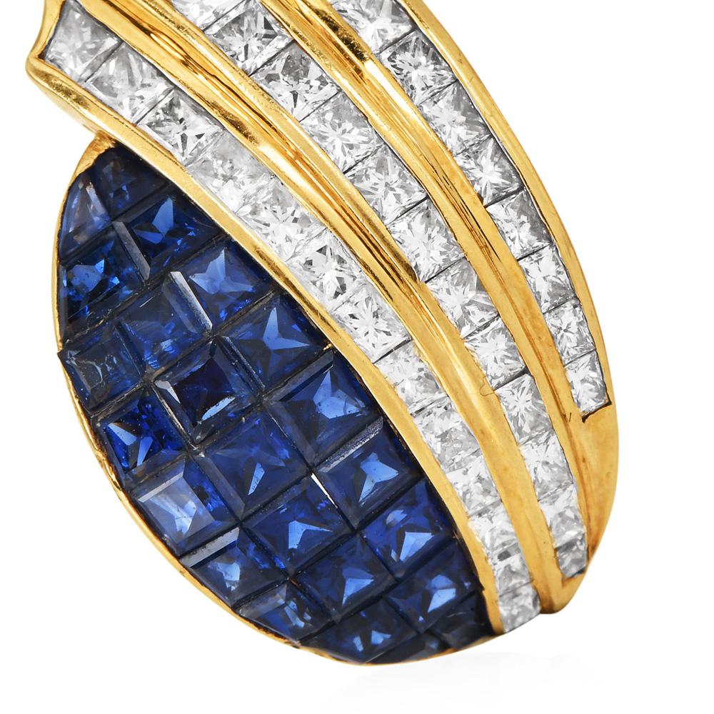 Nachlass Diamant Saphir 18K Gold Mystery Set Clip-On Statement-Ohrringe (Carréeschliff) im Angebot