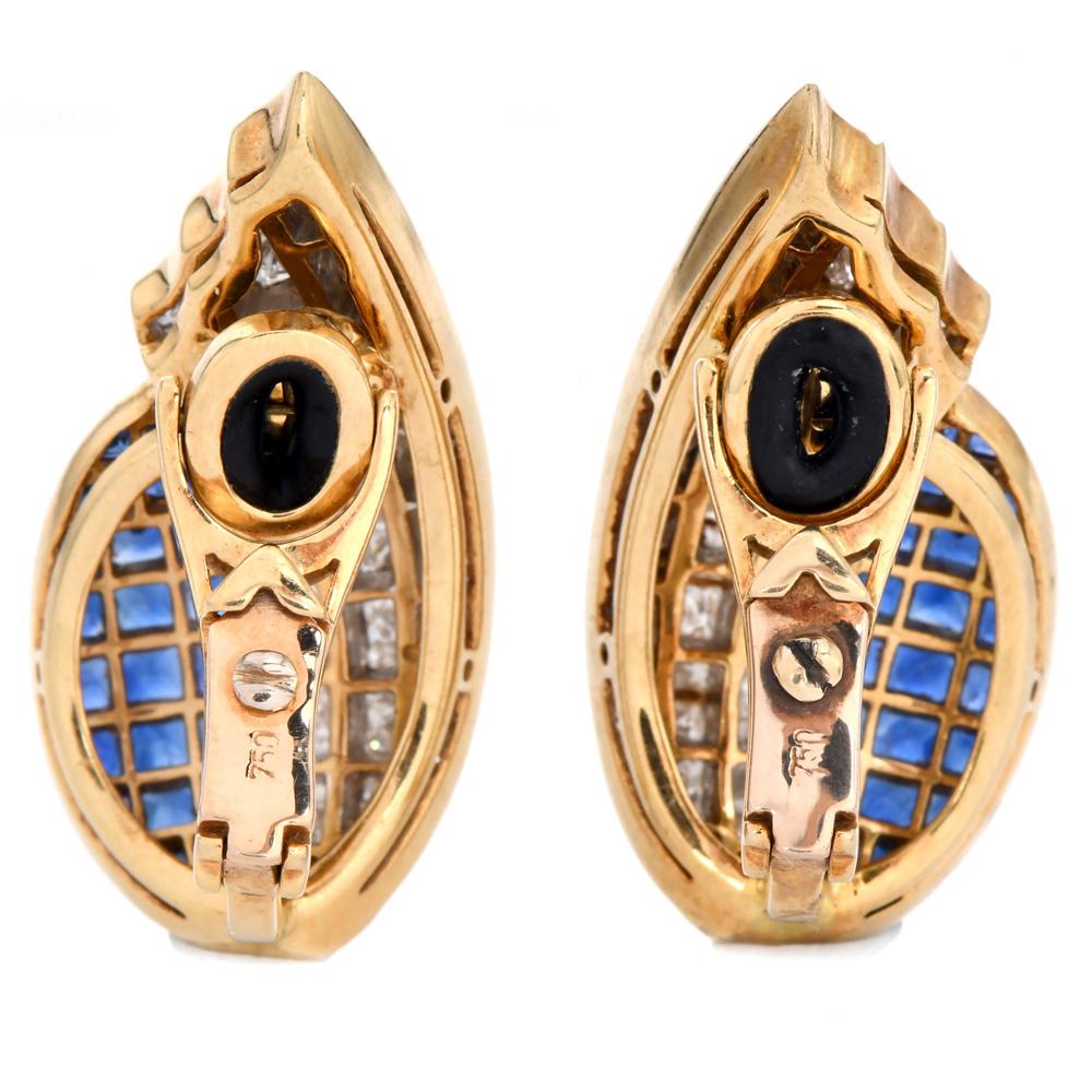 Estate Diamond Sapphire 18K Gold Mystery Set Clip-On Statement Earrings In Excellent Condition For Sale In Miami, FL