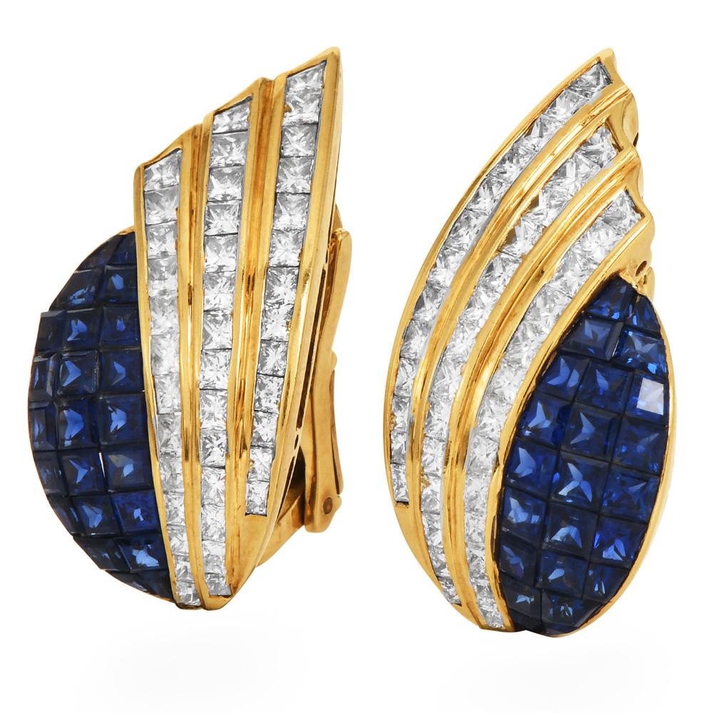 Women's Estate Diamond Sapphire 18K Gold Mystery Set Clip-On Statement Earrings For Sale