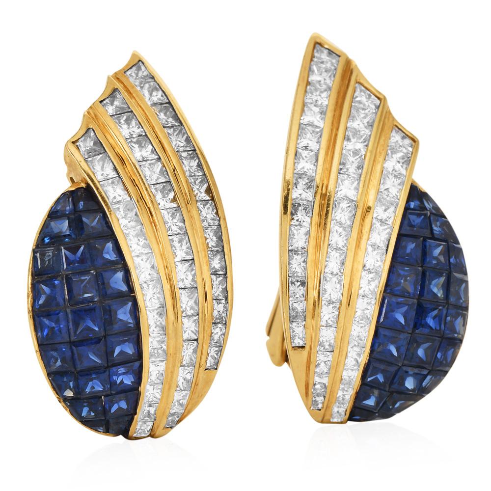 Estate Diamond Sapphire 18K Gold Mystery Set Clip-On Statement Earrings For Sale 1