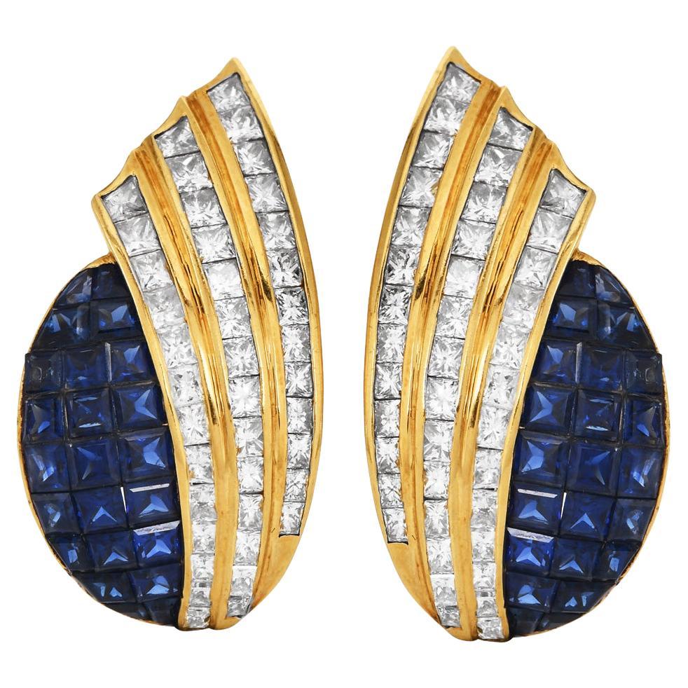 Estate Diamond Sapphire 18K Gold Mystery Set Clip-On Statement Earrings For Sale