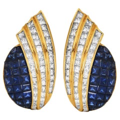 Vintage Estate Diamond Sapphire 18K Gold Mystery Set Clip-On Statement Earrings