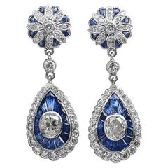 Estate Diamond Sapphire Platinum Dangle Drop Flower Earrings