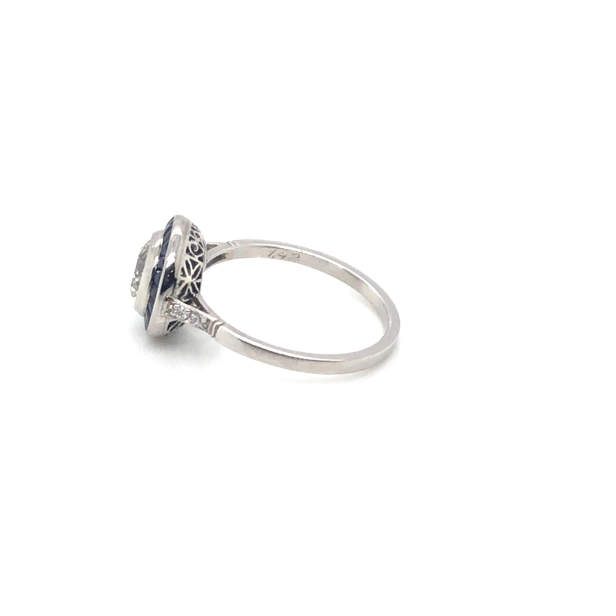 Platinum 1.42ct European Cut Diamond & 0.80ctw Sapphire Ring Size 7.5 4.36 Grams