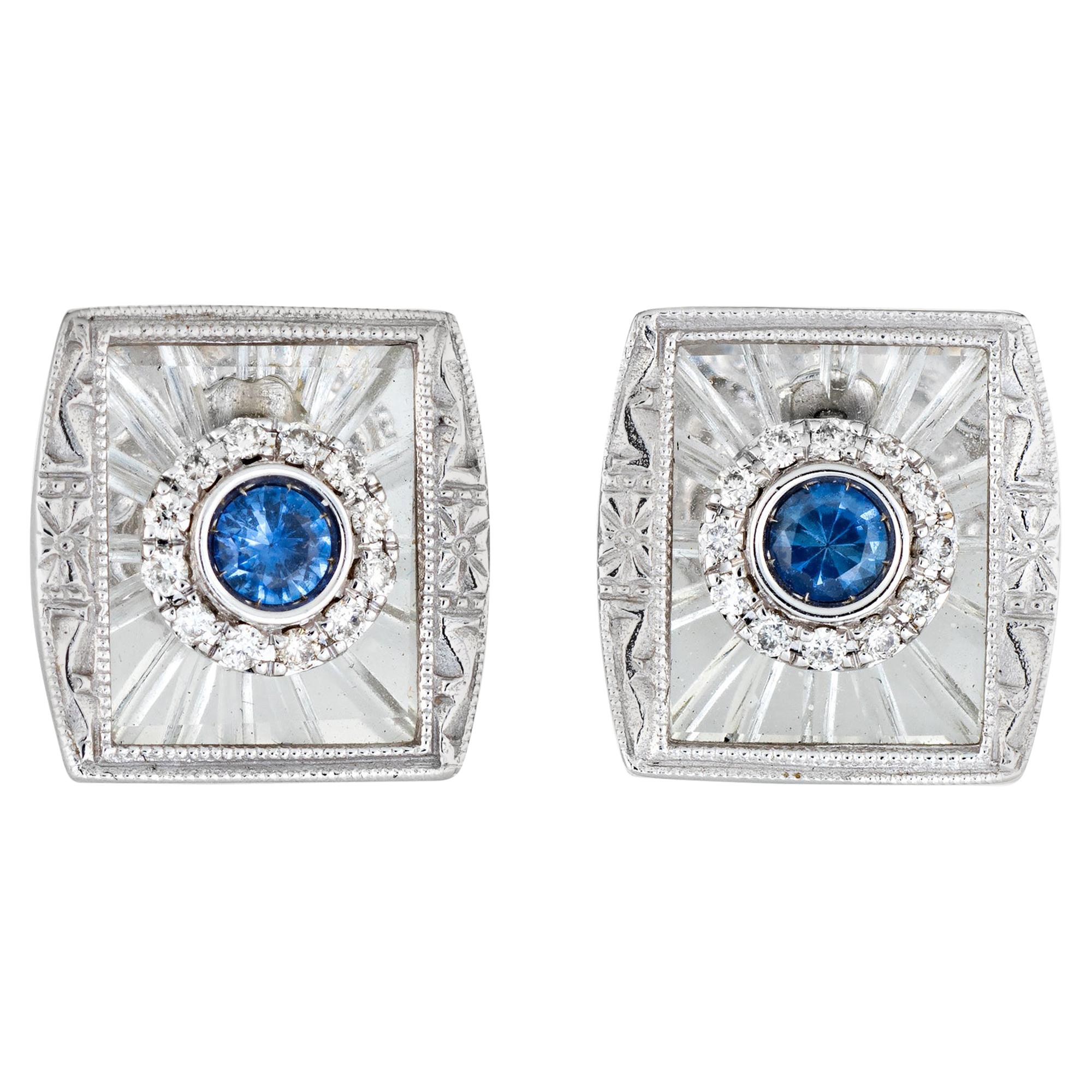 Estate Diamond Sapphire Rock Crystal Square Stud Earrings 14 Karat Gold Jewelry