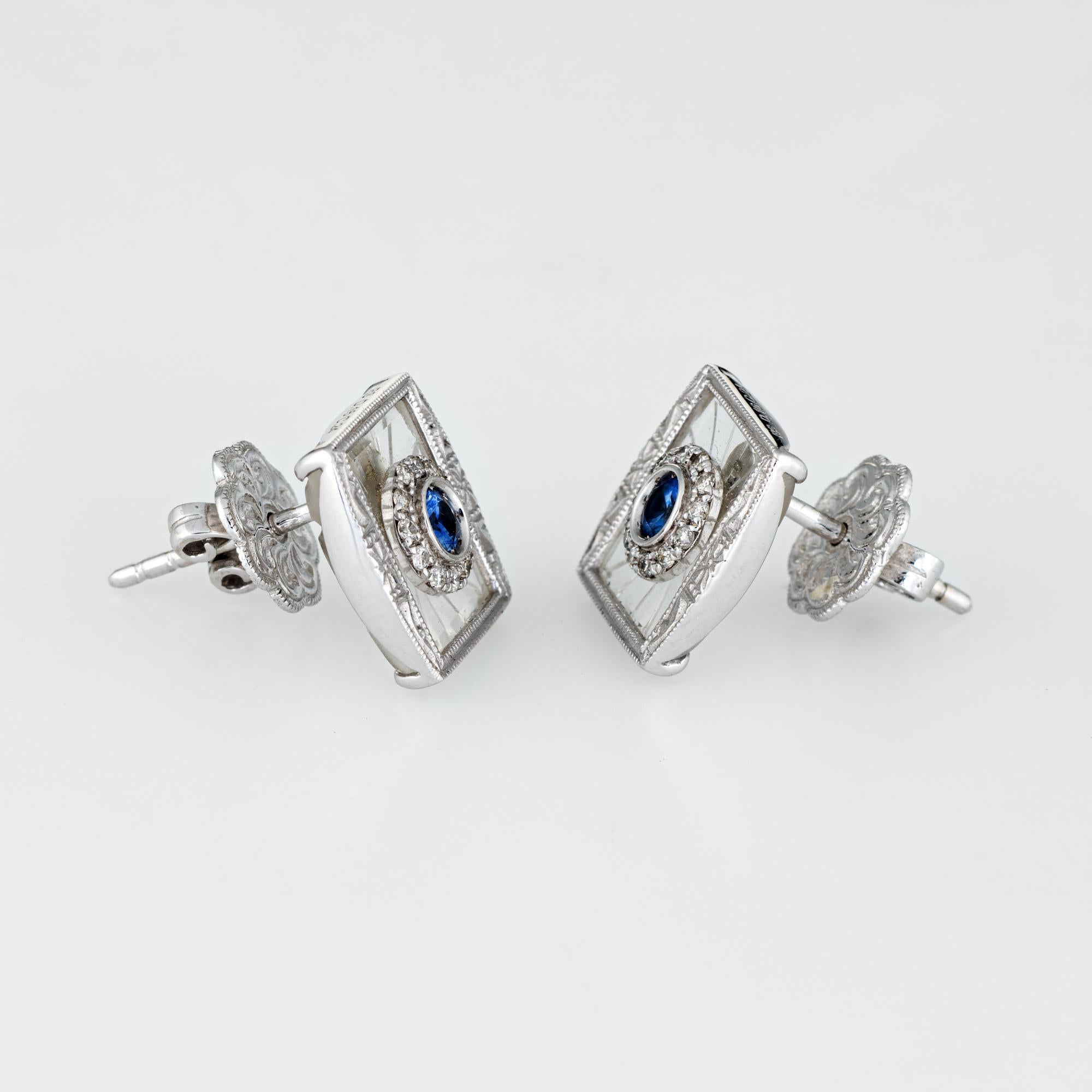 Elegant pair of estate sapphire & diamond square stud earrings crafted in 14k white gold. 

Diamonds total 0.16 carats (estimated at G-H color and VS2-SI1 clarity), accented with 0.24 carats of blue sapphires. The diamonds and sapphires are set into