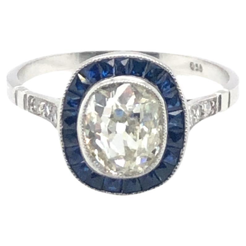 Estate Diamond & Sapphire With Side Diamonds Platinum Ring For Sale