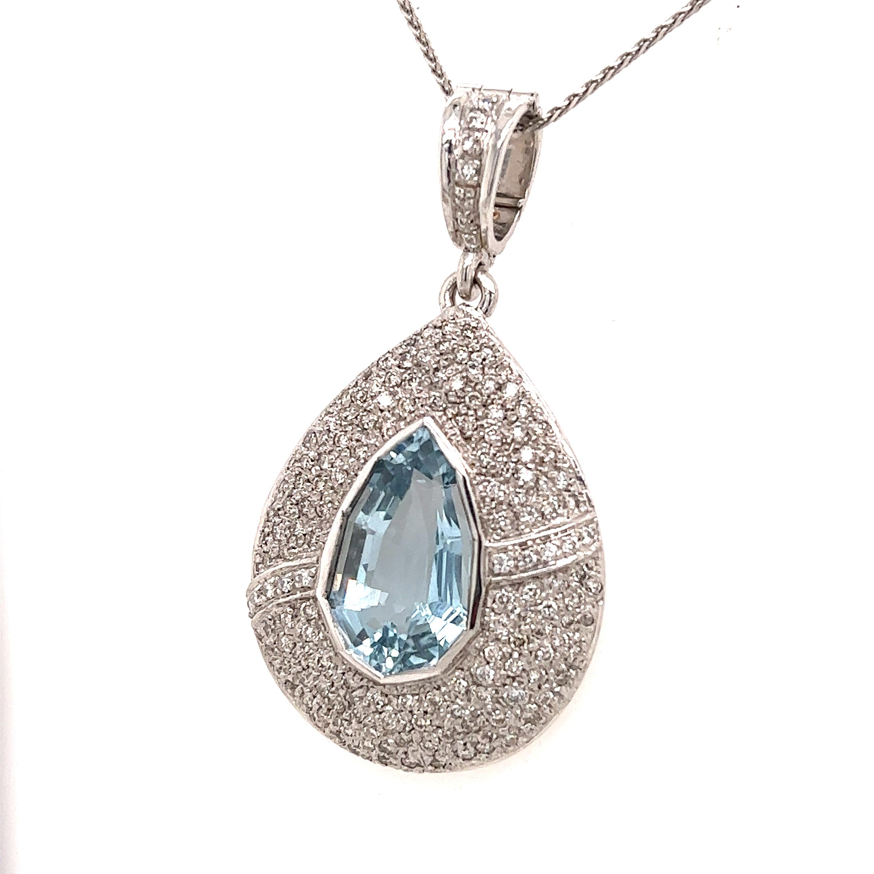 Art Deco Estate Diamond & Shield Cut Aquamarine Gemstone Pendant For Sale