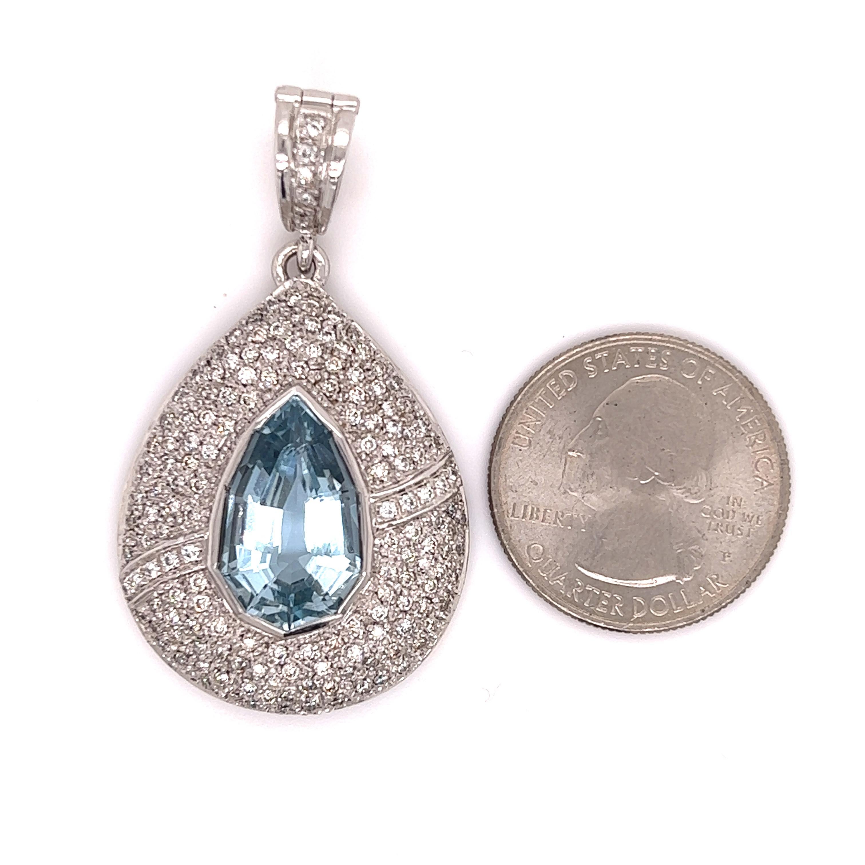 Estate Diamond & Shield Cut Aquamarine Gemstone Pendant For Sale 1