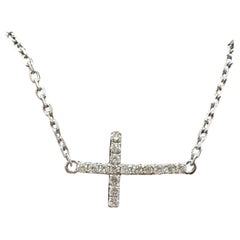 Estate Diamond Sideways Cross Necklace 14K White Gold 0.16ctw Adjustable