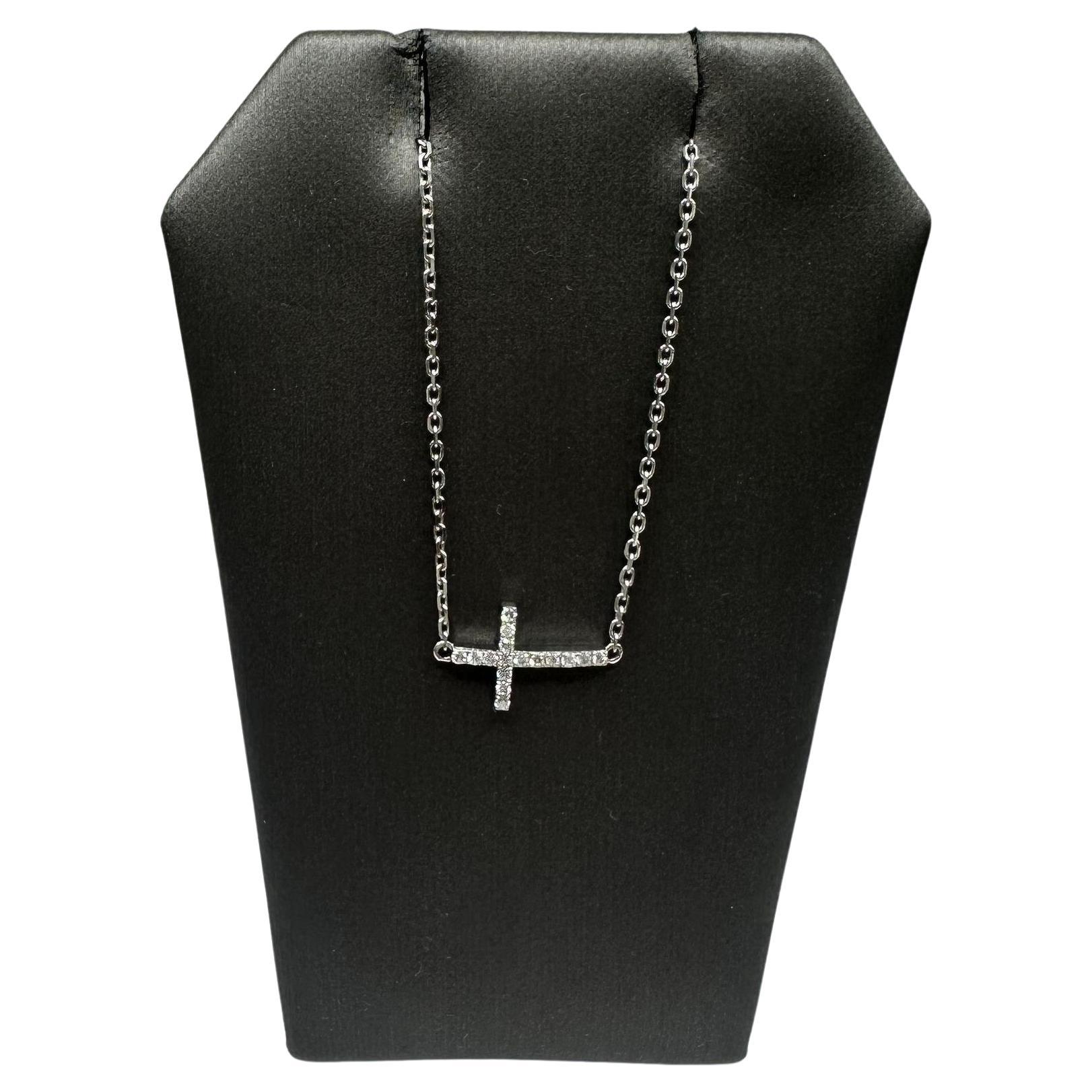 Estate Diamond Sideways Cross Necklace in 14kt White Gold - 0.16ctw, Adjustable