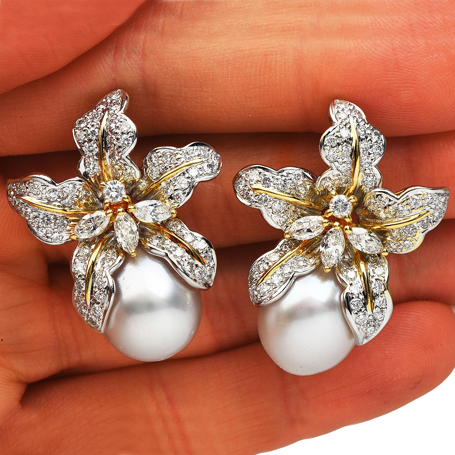 Nachlass Diamant Südseeperle 18K Gold Wildblume Orchidee Clip-On-Ohrringe (Rundschliff)