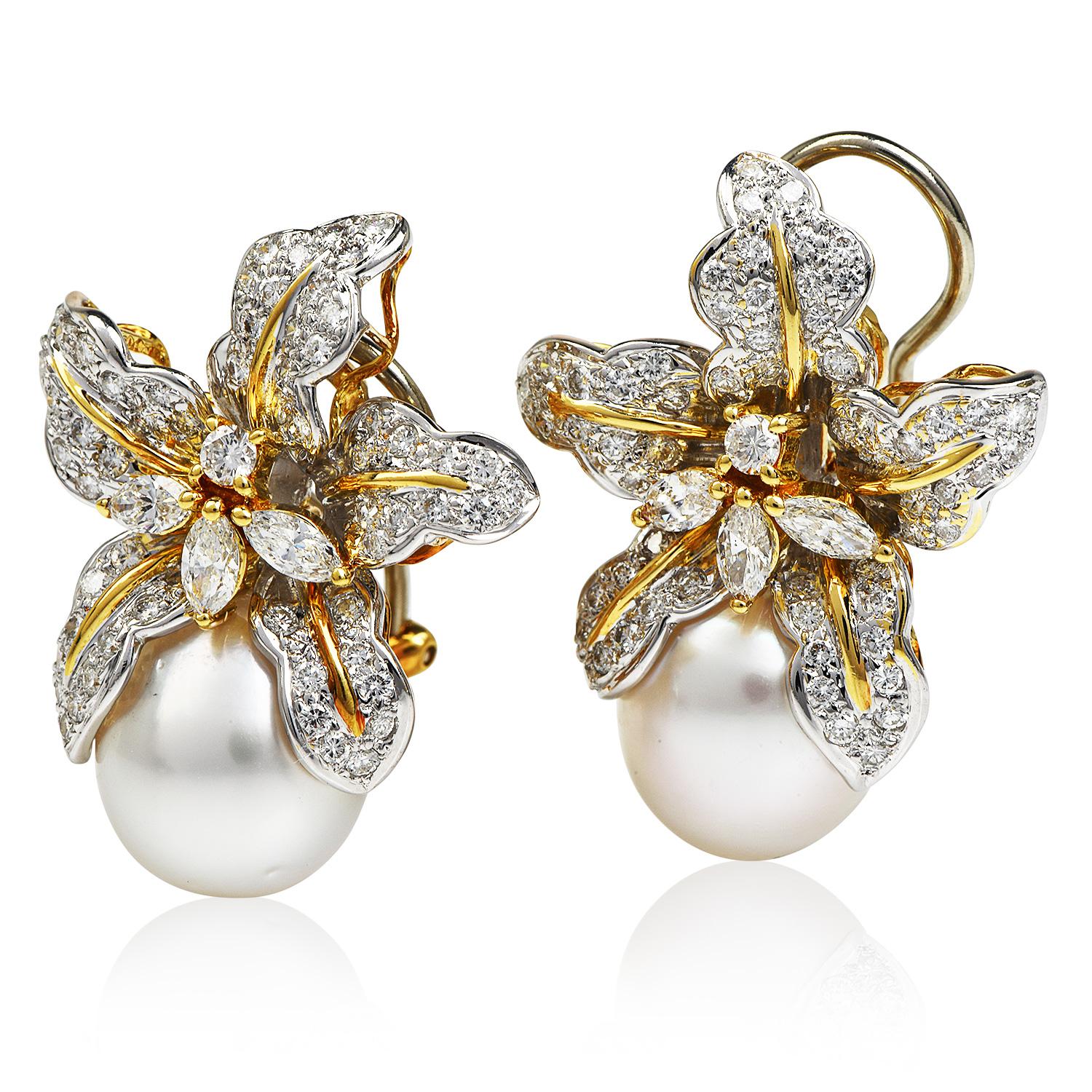 Nachlass Diamant Südseeperle 18K Gold Wildblume Orchidee Clip-On-Ohrringe im Zustand „Hervorragend“ in Miami, FL
