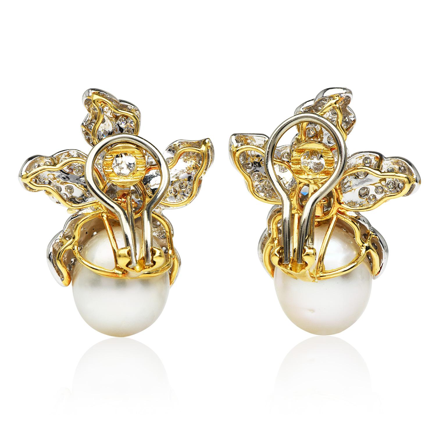 Nachlass Diamant Südseeperle 18K Gold Wildblume Orchidee Clip-On-Ohrringe Damen