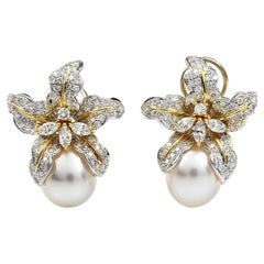 Estate Diamond South Sea Pearl 18K Gold Wildflower Orchid Clip on Earrings