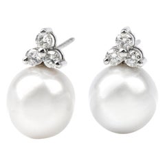 Estate Diamond South Sea White Pearls Stud Gold Earrings