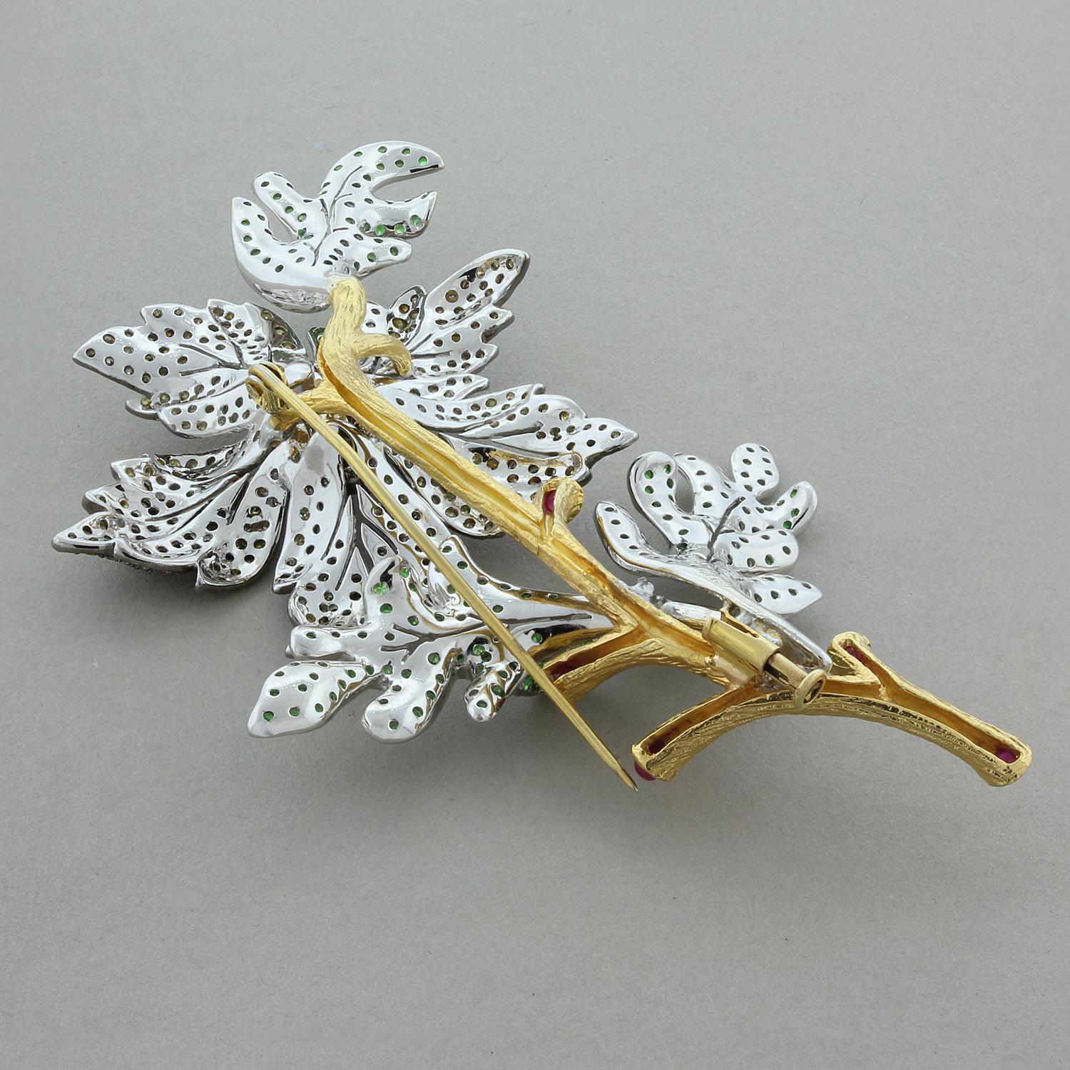 Estate Diamond Tsavorite Ruby Gold Flower Brooch In Excellent Condition In Beverly Hills, CA