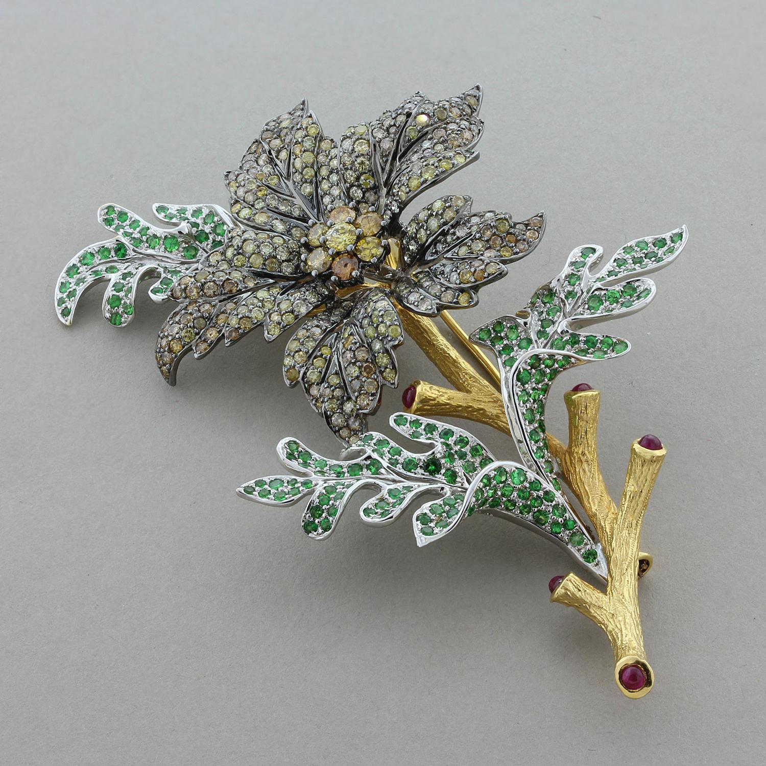 Women's or Men's Estate Diamond Tsavorite Ruby Gold Flower Brooch