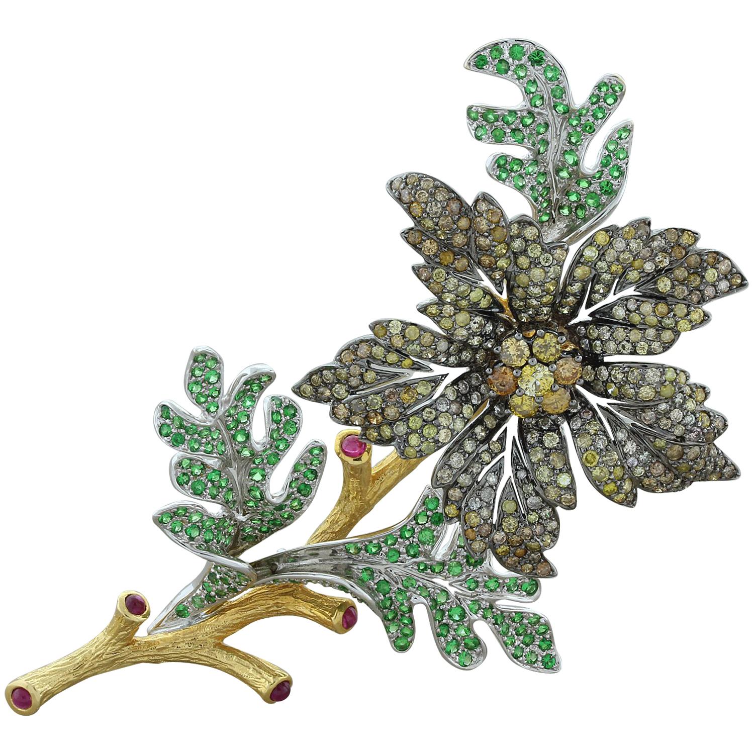 Estate Diamond Tsavorite Ruby Gold Flower Brooch