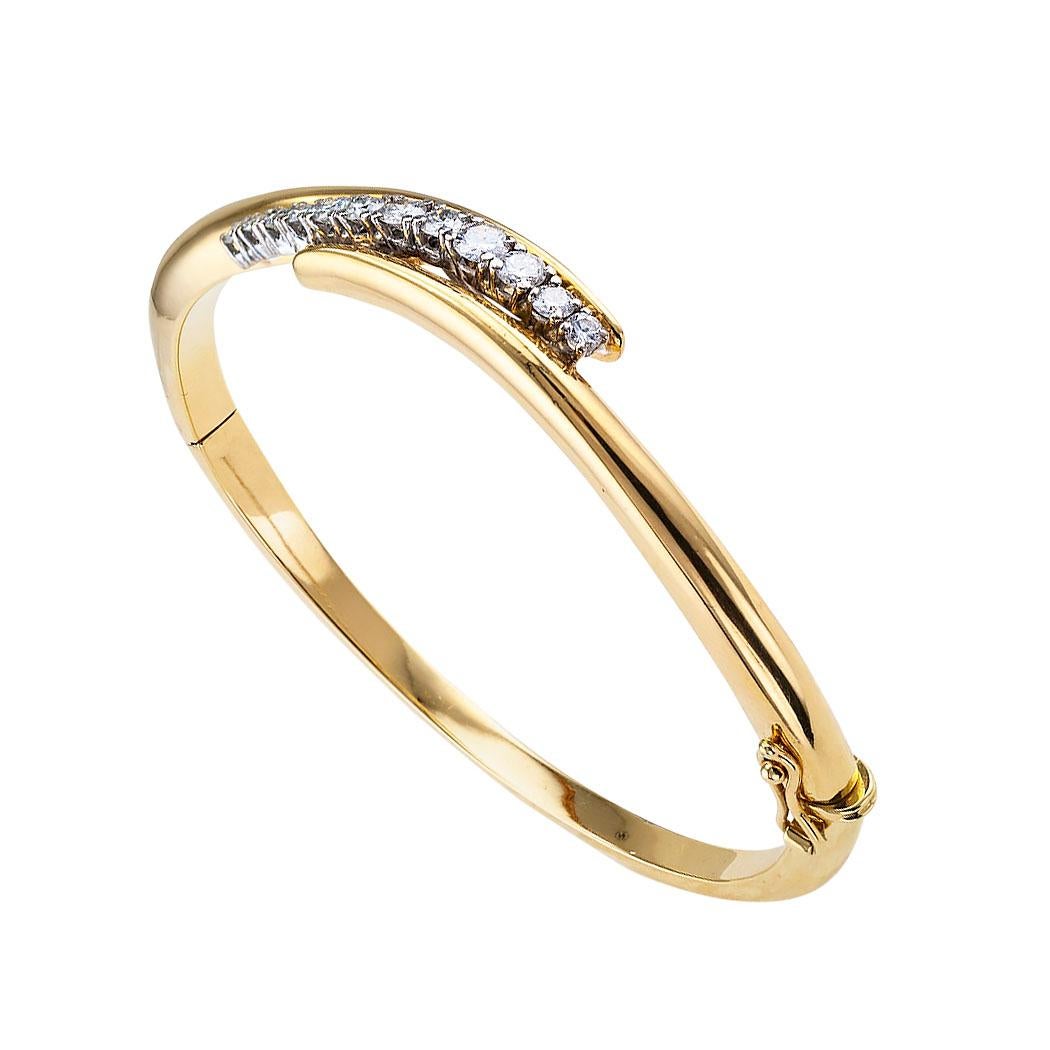 Contemporary Estate Diamond Yellow Gold Hinged Bangle Bracelet Small Size