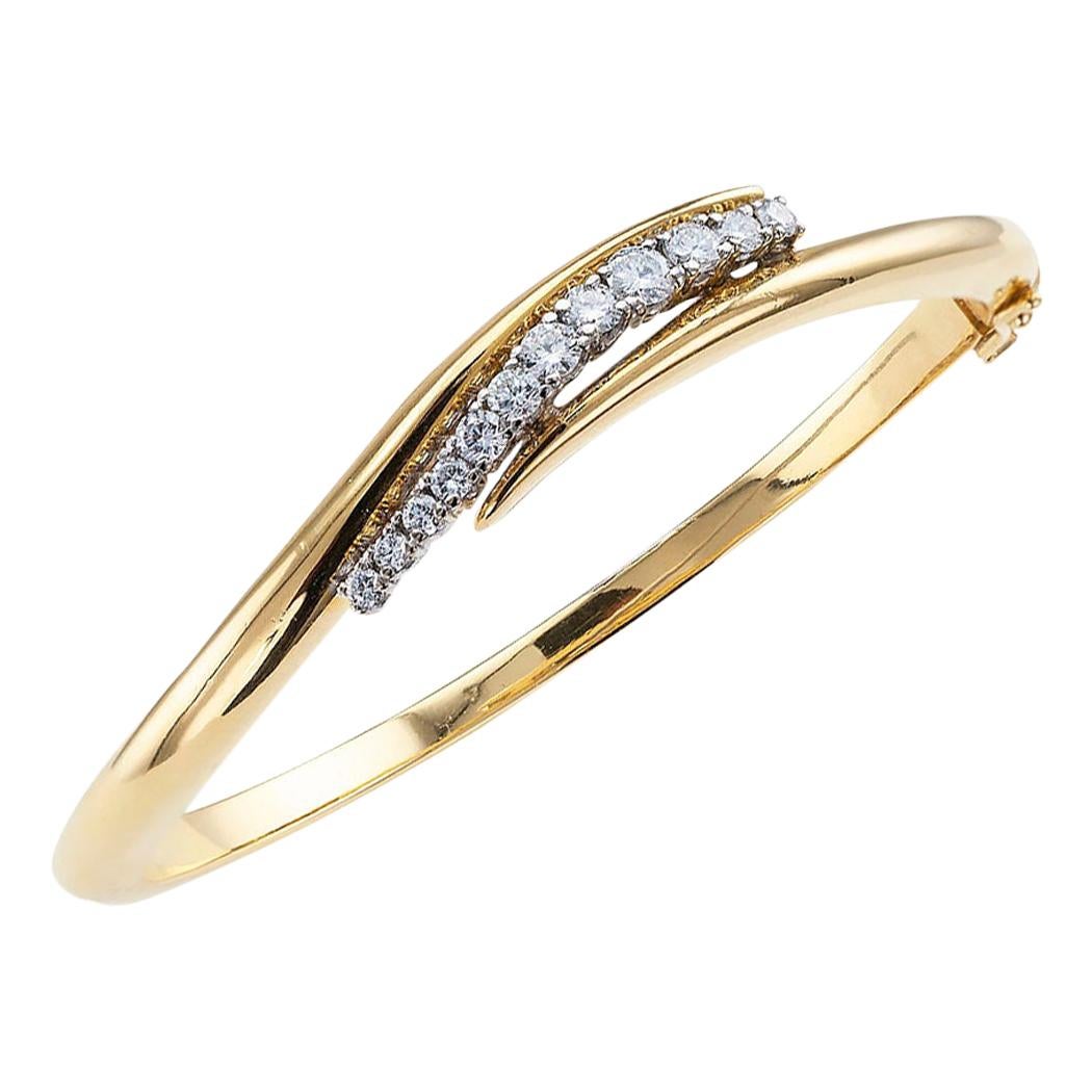 Estate Diamond Yellow Gold Hinged Bangle Bracelet Small Size
