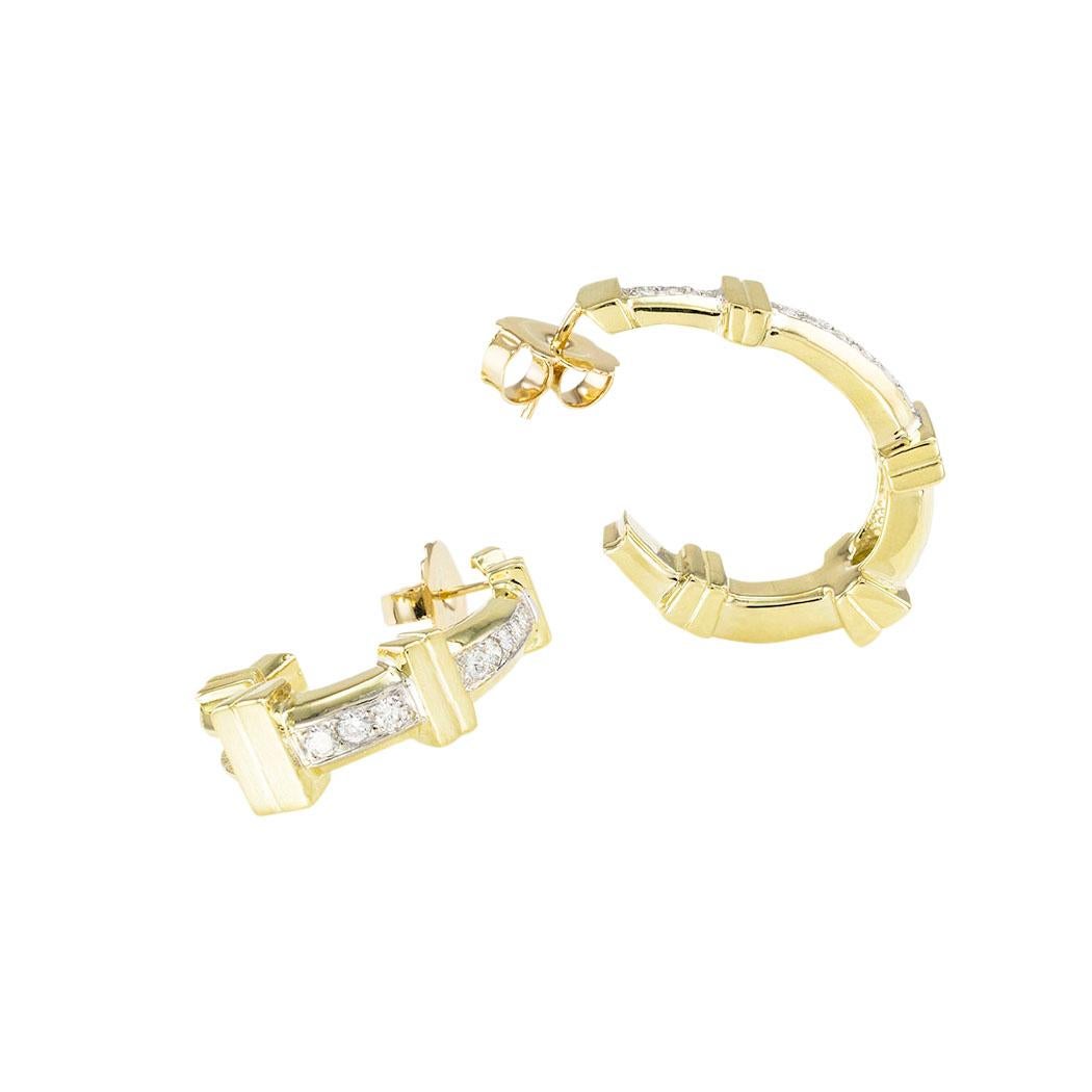 Contemporary Estate Diamond Yellow Gold J Hoop Earrings