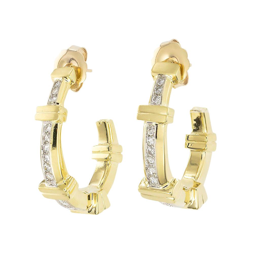 Estate Diamond Yellow Gold J Hoop Earrings