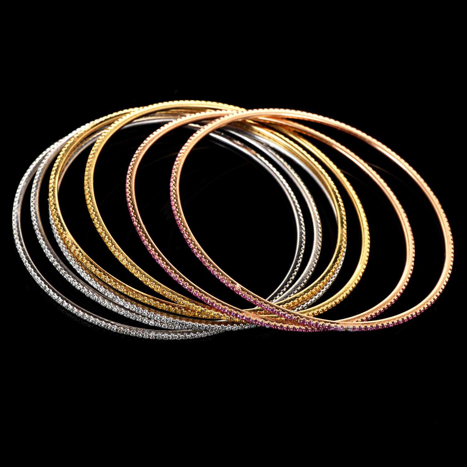 Round Cut Estate Diamond Yellow Pink Sapphire 18K Gold 7 Days Stackable Bangle Bracelets For Sale