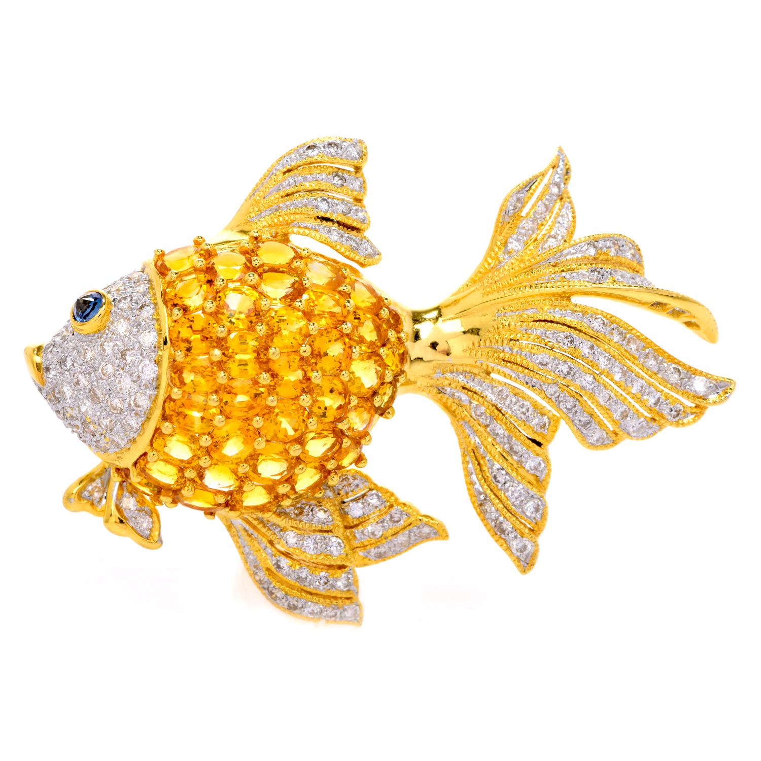 A Gold FISH Pin Made of GOLD!

witness the true beauty of this astounding literal Gold-Fish Inspired Gold Brooch.

Large soft curved design & high sparkle, crafted in bold 18K yellow gold with white gold accents, this fish brooch measures appx.