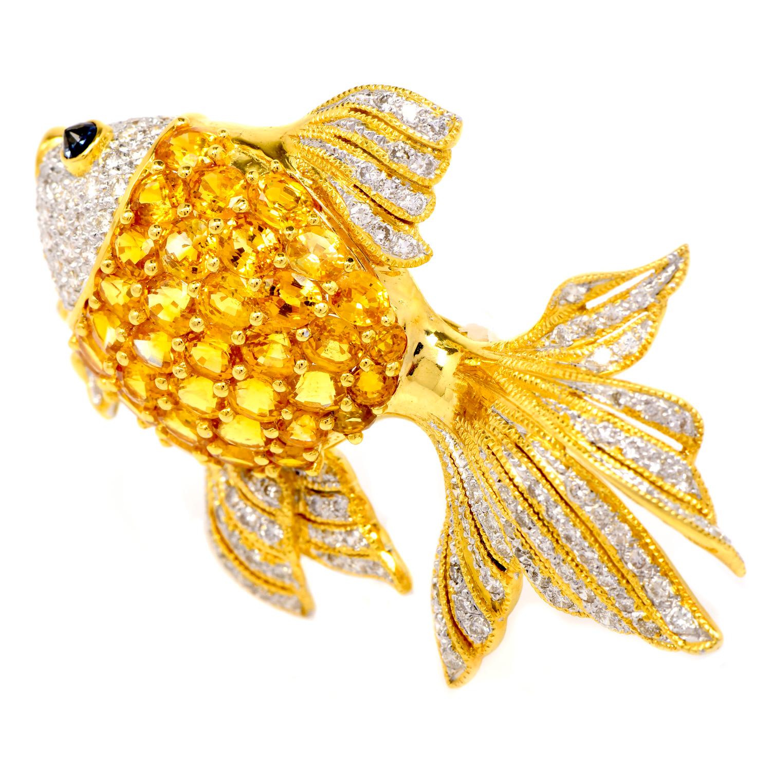 Modern Estate Diamond Yellow Sapphire Gold Fish 18K Gold Cluster Brooch Pin