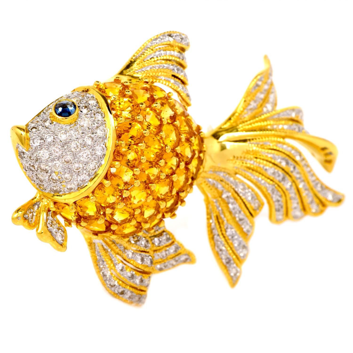 Oval Cut Estate Diamond Yellow Sapphire Gold Fish 18K Gold Cluster Brooch Pin