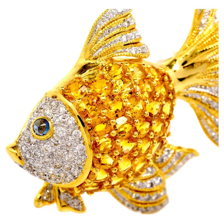Estate Diamond Yellow Sapphire Gold Fish 18K Gold Cluster Brooch Pin For Sale