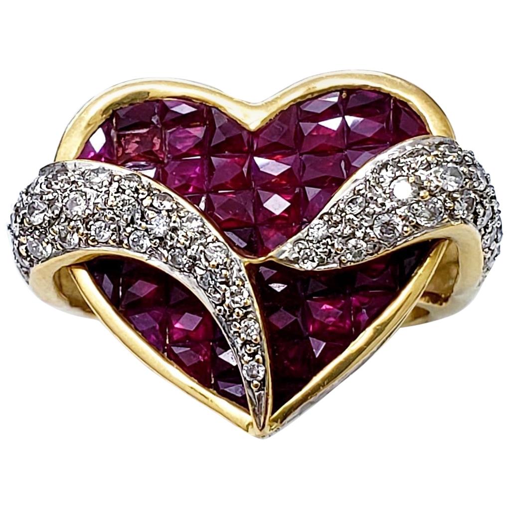Estate Diamonds 7.10 Carat Ruby 18 Karat Gold Heart Cluster Cocktail Ring
