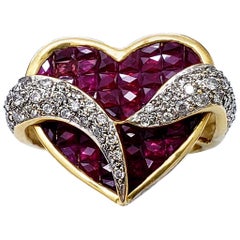 Estate Diamonds 7.10 Carat Ruby 18 Karat Gold Heart Cluster Cocktail Ring