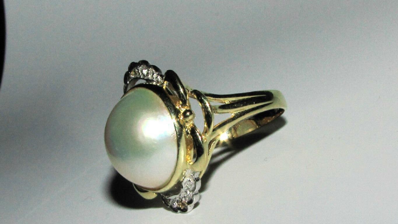 Women's or Men's Estate Diamonds Mabe Pearl Cocktail Ring 14 Karat